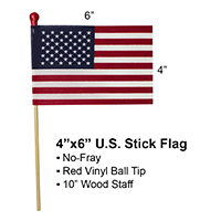 U.S. Stick Flag 4 in X 6 in No Fray 3/16 in X 10 in  Wood Staff Plastic Red Ball Tip