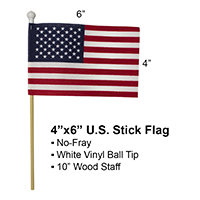 U.S. Stick Flag 4 in X 6 in No Fray 3/16 in X 10 in  Wood Staff Plastic White  Ball Tip