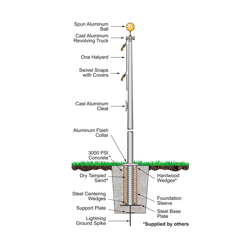 60 ft Three Piece Satin 10 in Butt Diameter .188 Wall Tube and Base Economy Extra Series Flagpole