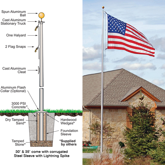 30 ft One Piece Satin 4 in Butt Diameter .125 Wall Tube and Base Special Budget Series Flagpole